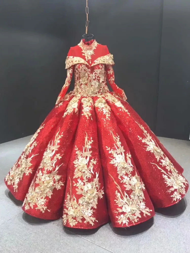 Erosebridal роскошное вечернее платье с длинным рукавом, бальное платье, стильное Красное Длинное торжественное платье, вечернее платье с золотыми цветами на шнуровке сзади
