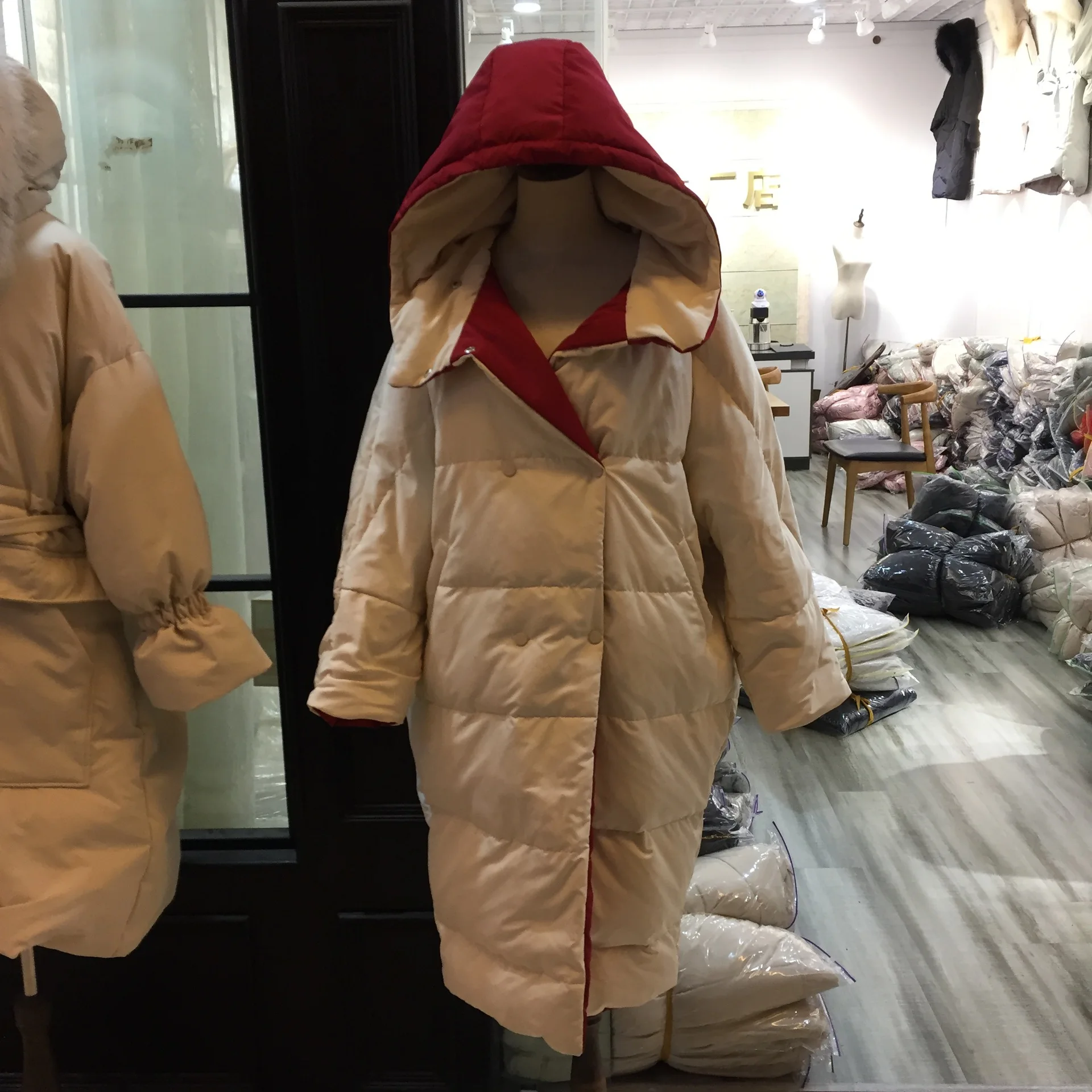 Корейский стиль, Красная Шапочка, Двусторонняя одежда, пальто выше колена, женский пуховик, Женская куртка, стиль, средняя длина W