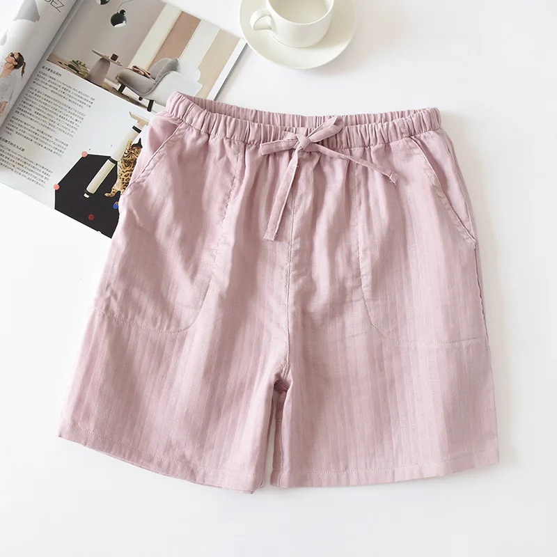 red pajama pants Japanese simple summer women's beach shorts 100% cotton gauze men's thin couple shorts home pants cotton can be worn outside mens cotton sleep shorts