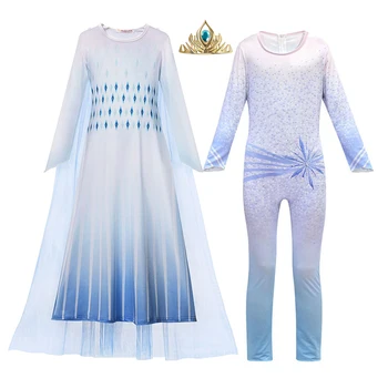 

MUABABY Girls New Movie Role Dress Up Clothes Printed Elsa 2 Princess Costume with Tulle Cloak Jumpsuit Halloween Party Gown