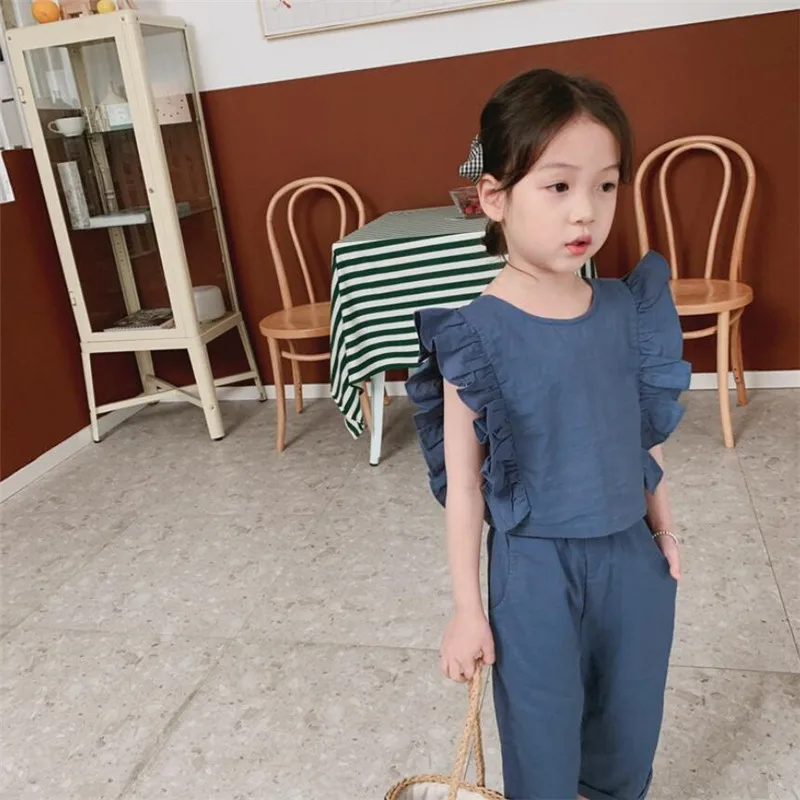 Комплект одежды для девочек комплект одежды для детей 2, 3, 4, 5, 6, 7 лет, летняя детская одежда без рукавов с оборками и открытой спиной костюмы из двух предметов для девочек