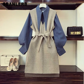

Spring Autumn Plus Size Sets Women's Dresses Temperament Lapel Long Lantern Sleeve Shirt + Vest Dress Two-piece Sets Femme