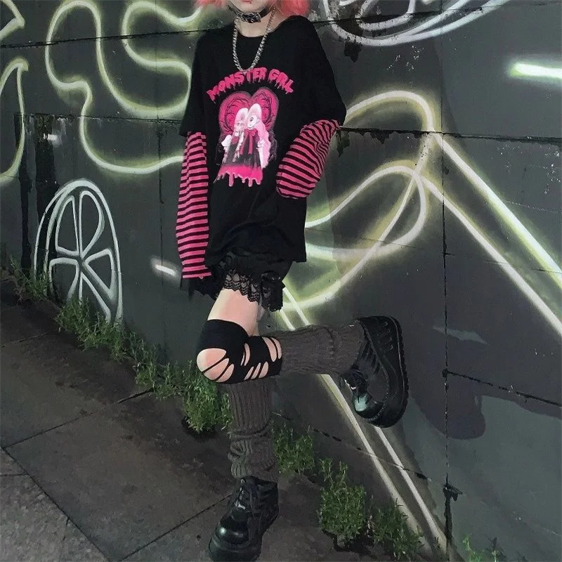 Emo Women Autumn Alt Streetwear Harajuku Gothic Anime Fairy Grunge Punk Patchwork Long Sleeve Y2K T-Shirt Hip Hop Tops Clothes chrome hearts t shirt