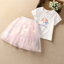 Ensemble deux pièces pour petite fille, jupe en maille pailletée + t shirt imprimé à manches courtes, vêtements pour enfants, été, 2022