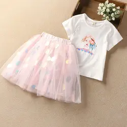 Crianças meninas conjunto 2022 verão moda lantejoulas malha saia + t shirts imprimir manga curta topos bebê duas peças terno crianças roupas