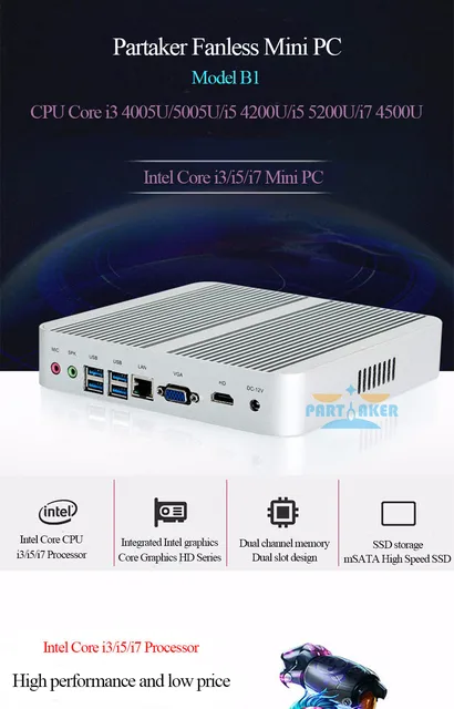 PARTAKER Industrial PC Mini PC Windows/Linux I3 4005U 2 COM 8G RAM 128G SSD  I3