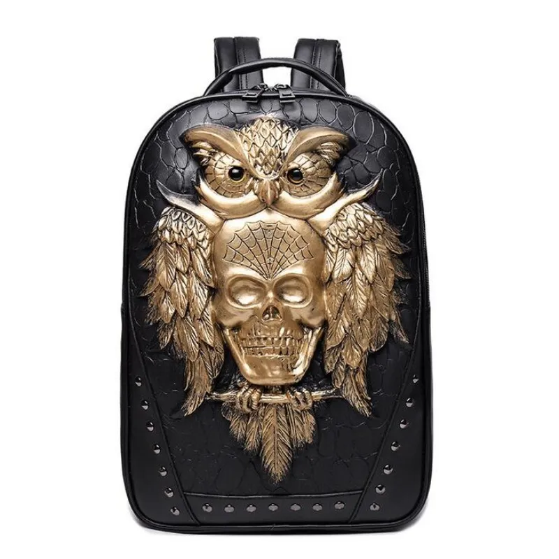 

3D Owl Skull Embossing Rivet Black Purse Satchel Man Backpack Halloween Stylish Cool PU Leather laptop Travel Soft Bags