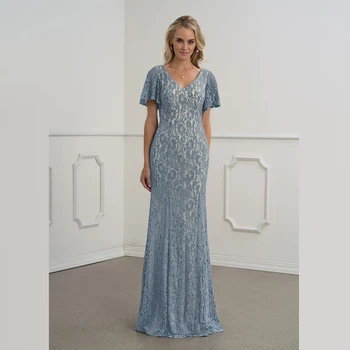 

Gorgeous Lace Mermaid Dusty Blue Short Sleeve Mother of the Bride Dresses V Neckline Wedding Party Gowns Back Out Full Length