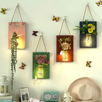 

Decorative Jar With Artificial Flowers And Vintage Wooden Board Hanging Wall Decor Fairy String Lights (Not including Light)