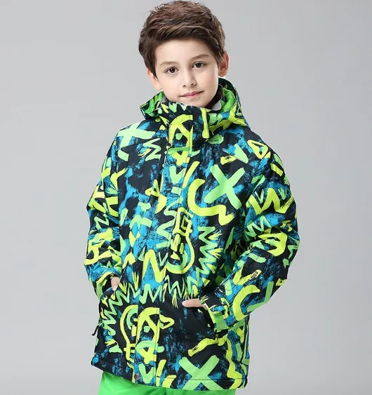 only jacket Детский лыжный костюм зеленого цвета с рисунками, костюм для сноуборда для мальчиков, детские лыжные куртки и брюки, одежда для лыж, Анорак, зимний костюм для горного туризма - Цвет: only jacket