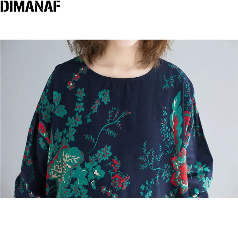 DIMANAF, Осеннее женское платье большого размера, винтажное, с длинным рукавом, с цветочным принтом, женское, элегантное, Vestidos, хлопок, лен, свободная одежда