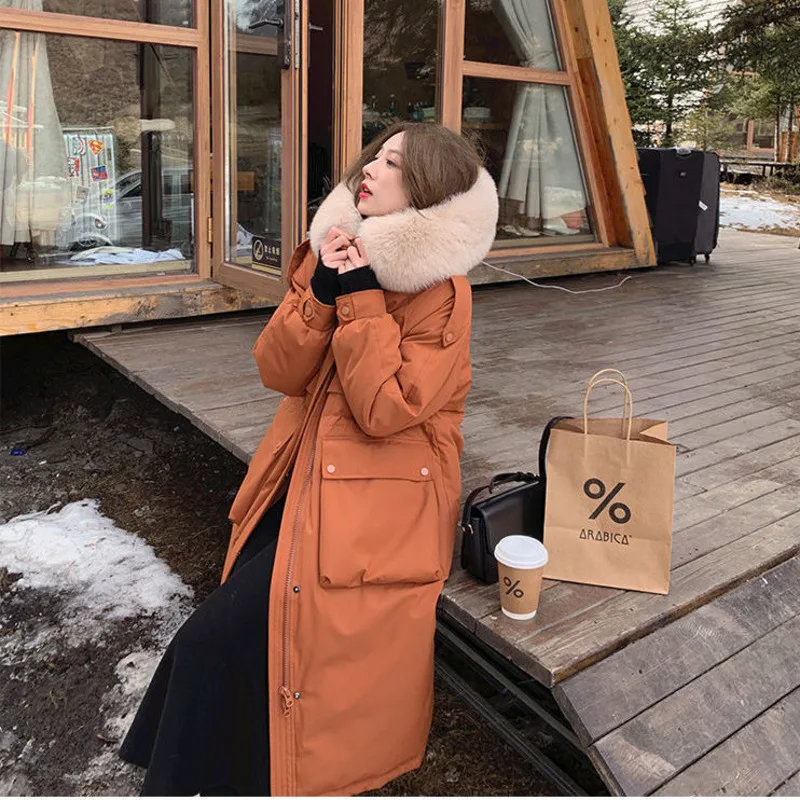 

Duck Long Down Jacket Faux Fur Hood Collar Outerwear Orange Women Tops Winter Hat Female Coats Faux Fur Collar Vintage Kawaii