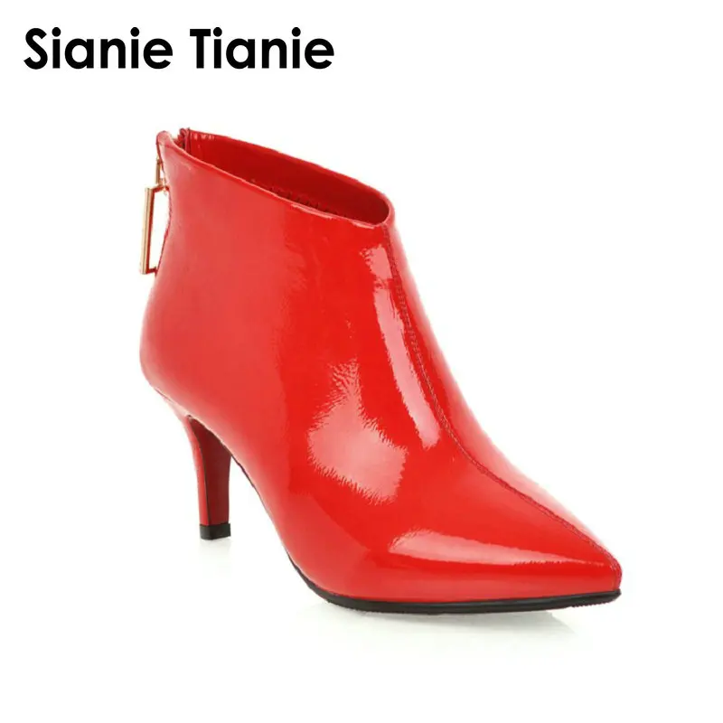

Sianie Tianie 2019 new high quality woman pumps shoes pointed toe patent PU thin high heels boots red black women ankle boots