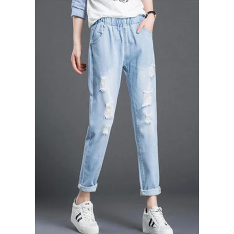 Брендовые новые модные джинсы для отдыха, женские джинсы с ретро талией, штаны-шаровары, джинсы размера плюс, рваные женские джинсы с дырками - Цвет: Небесно-голубой