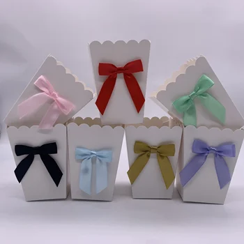 

6pcs Mini White Paper Popcorn Boxes with Bow Party Favors Box Baby Shower Birthday Wedding Treat Favors Movie Night Supplies