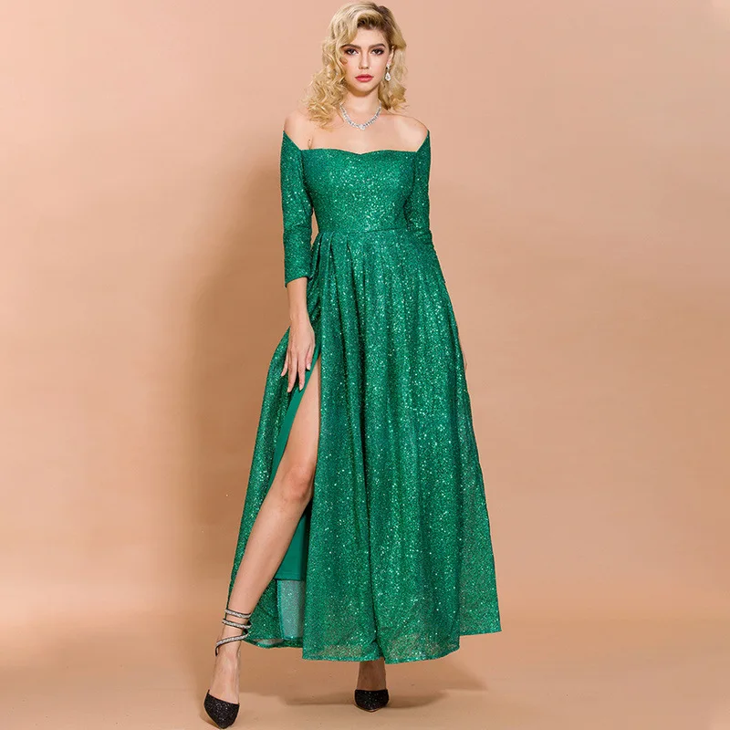 

Hot Selling 2019 Autumn And Winter Europe And America New Style WOMEN'S Dress off-the-Shoulder off-Shoulder Mid-length Party Eve