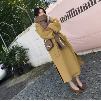 

New 2019 Women Woolen Coat Thicken Long Sleeve Turn-down Collar Open Front Parka Belt Coat Elegant Wool Warm Long Coat