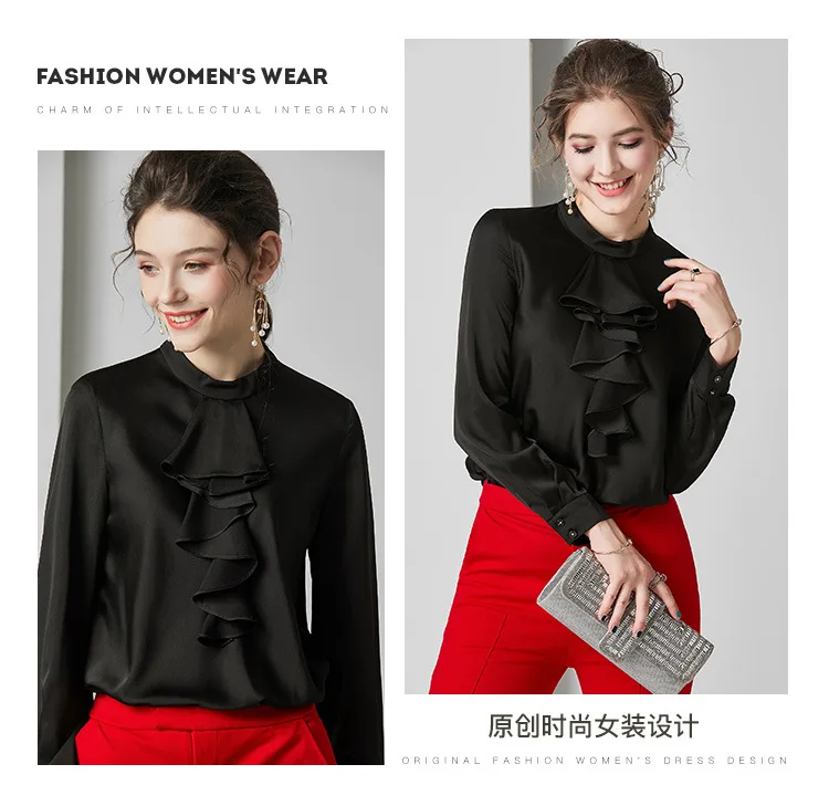 Шелковая блузка с оборками, женская черная рубашка с длинным рукавом, однотонный воротник, офисные женские топы, Свободный пуловер, высокое качество, za Red ins