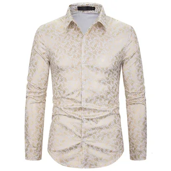 

Cotton Party Club Shirts Nightclub Man Long Sleeve Shirt Men's Wear European Code Blouse Cashew Flower Gilding Shirt Classic 2XL