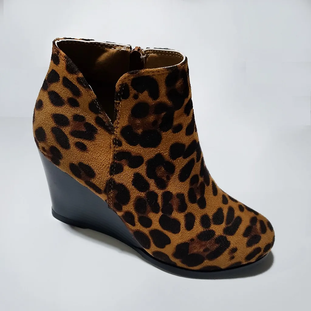 Женские ботинки; женские Модные леопардовые Ботильоны на танкетке и молнии; ботинки; женская повседневная обувь; большие размеры; M840