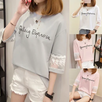 

Newest Summer Women Semi-sleeve Short Sleeves T-shirt Loose Lace Piecing Casual Student Girl Top