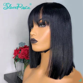 

Glueless Lace Front Human Hair Wigs With Bangs 150% Density 13x4 Short Bob Wig Brazilian Remy Hair Pre Plucked Slove Rosa