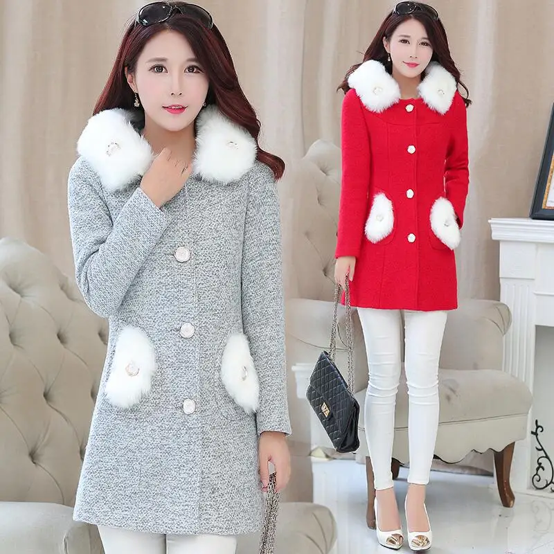 ##BUY Winter Woolen Coat Women 2020 New Cashmere Coat Women Winter Long Slim Big Fur Collar Thickening Warm Woolen Jacket Woman Red