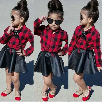 

Toddler Kids Girls Plaid Tops Shirt Leather Skirt Dress 2Pcs Outfits Clothes Set
