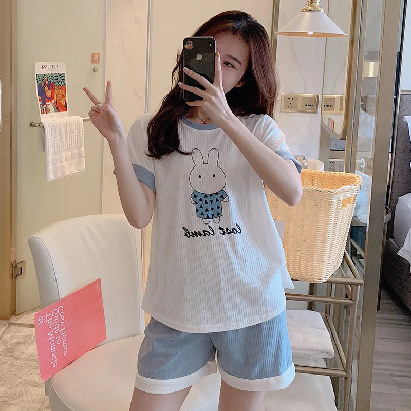 

Pajamas Female Summer Pure Cotton Short Sleeve Korean-style Cute Lettered Rabbit Students Thin Sweet Outer Wear Two-Piece Set Ho