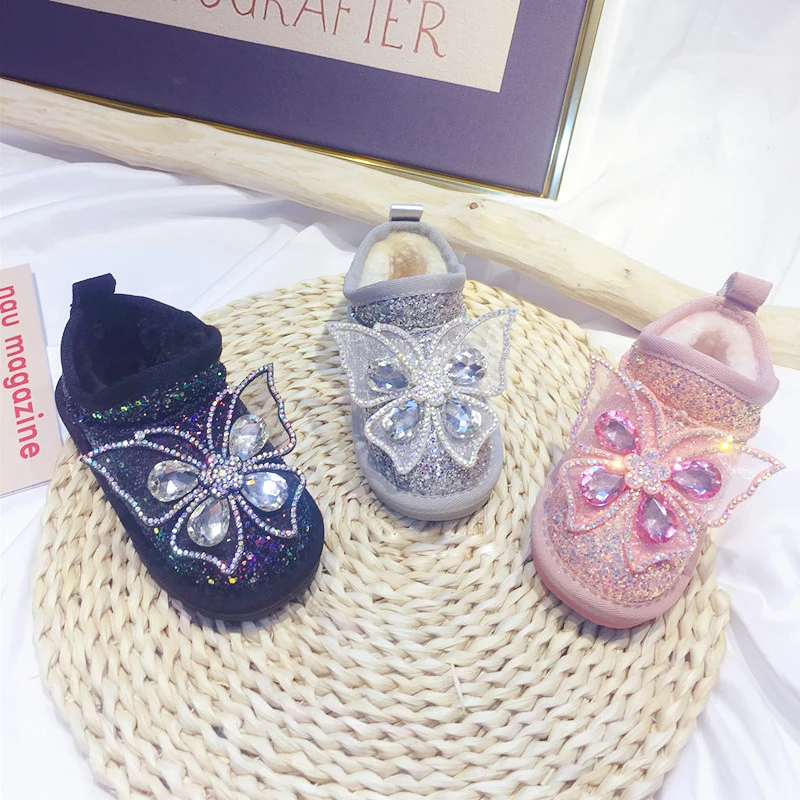 

Winter Kids Butterfuly Snow Boots Baby Girls Rhinestone Ankle Boots Children Warm Glitter Shoes Toddler Brand Princess Boots New