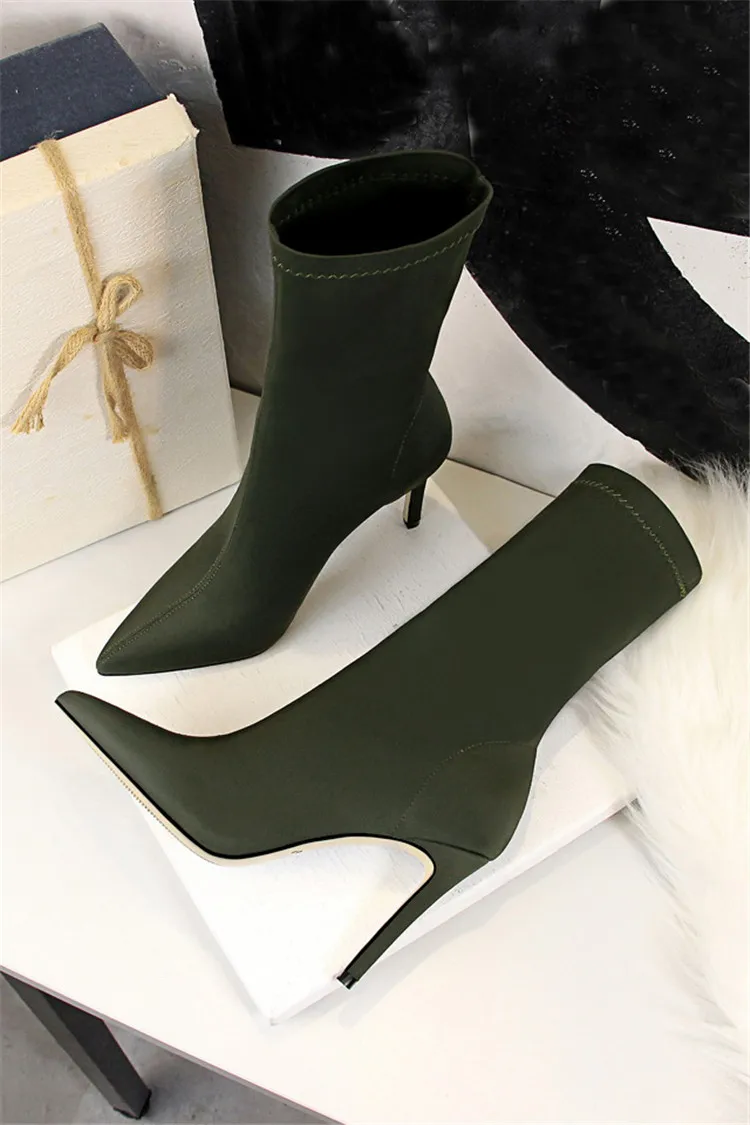 

2020 Spring Fashion Women Boots Beige Pointed Toe Elastic Ankle Boots Heels Shoes Autumn Winter Female Socks Boots