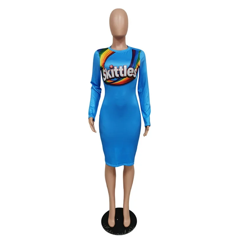 Sexy Women Candy Printed Long Sleeve Bodycon Autumn Winter Dress Fashion Club Sheath Wrap Slim Dresses 3 Colors