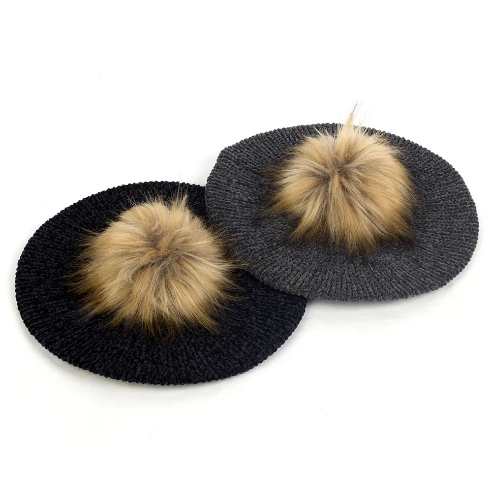 Женские Модные береты с помпон из искуственного меха Pom Chenille мягкие зимние теплые
