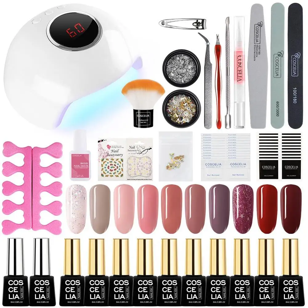 8ml nail kit Set D COSCELIA, 10 цветов, Гель-лак, базовое верхнее покрытие, Гель-лак для ногтей, набор с 24 Вт УФ светодиодной лампой для электрического маникюра, все для маникюрного комплекта - Цвет: 8ml nail kit Set D