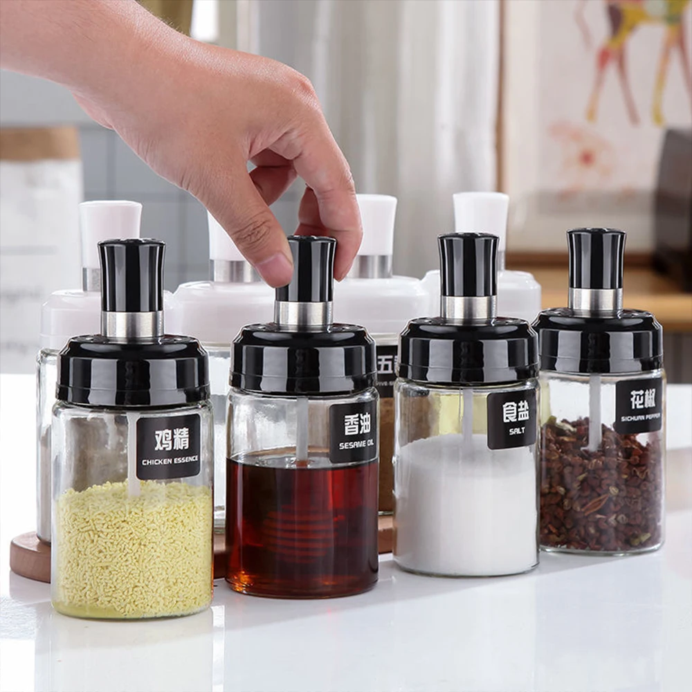 250ml Glass Seasoning Bottle Spoon Cover Kitchen Spice Bottles Pepper Spoon Oil Brush Honey Dispenser Food Storage Container