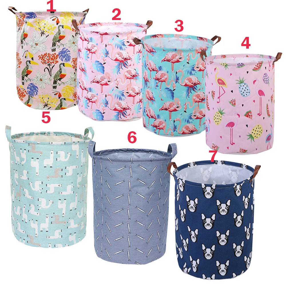 Folding Laundry Storage Bag Flamingo Bear Strip Storage Barrel Basket 