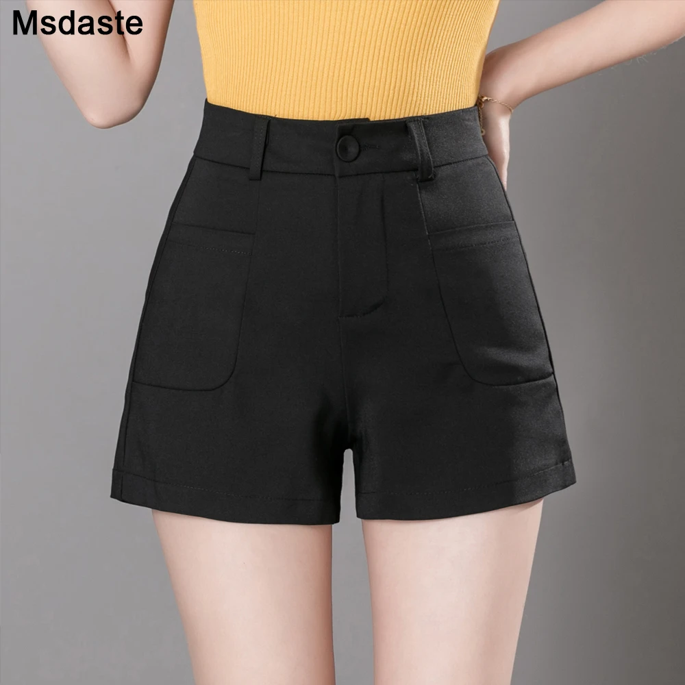 Women Short Trousers Solid Color Ladies Summer Pants Above Knee Length  Shorts with Pockets Wide Leg Elastic Waist Daily Outfit