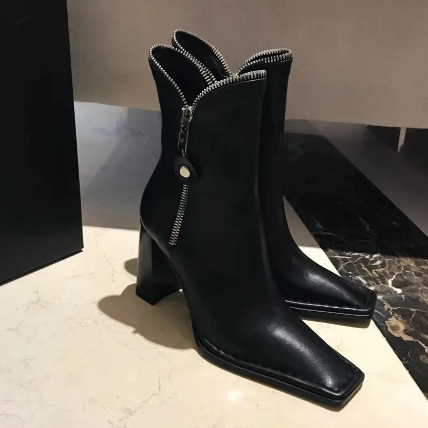 Подиумные сапоги; женская зимняя обувь на высоком каблуке; Botas Mujer; кожаные ботильоны; Bota Feminina; женская обувь с квадратным носком; Zapatos De Mujer
