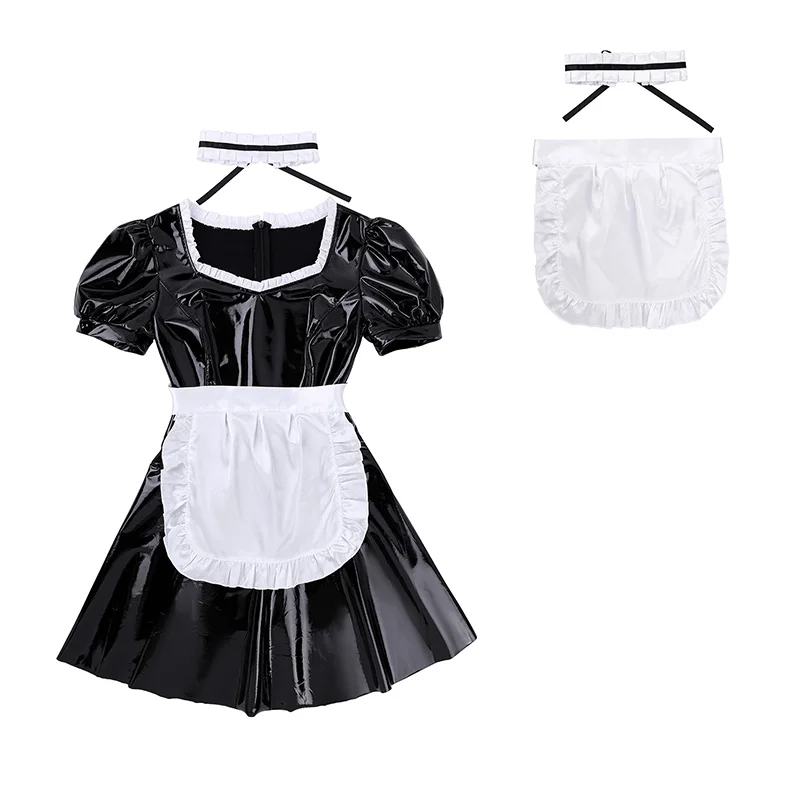 Women Sexy French Maid Servant Role Playing Costume Shiny Babydoll Fancy Dress Lingerie Erotic Cosplay Princess Uniform Aprons
