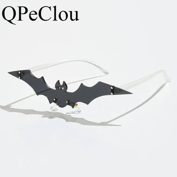 

QPeClou 2020 New Funny Halloween Bat Sunglasses Women Men Fashion Party Sun Glasses Female Metal Frame Rimless Black Shades