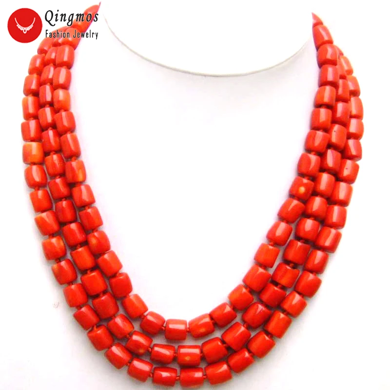 

Qingmos Fashion Thick Slice 10-15mm Natural Red Coral Necklace for Women with Genuine 3 Strands 18-20" Coral Chokers Jewelry