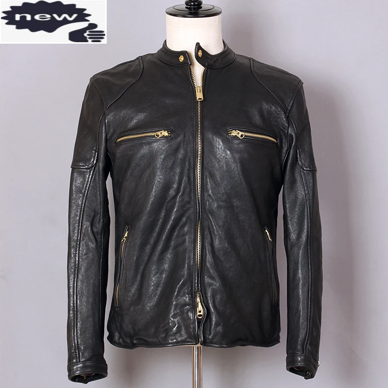

2021 Fashion Genuine Jacket Men Motorcycle Biker Real Leather Coat Sheepskin Stand Collar Slim Black Casual Clothing