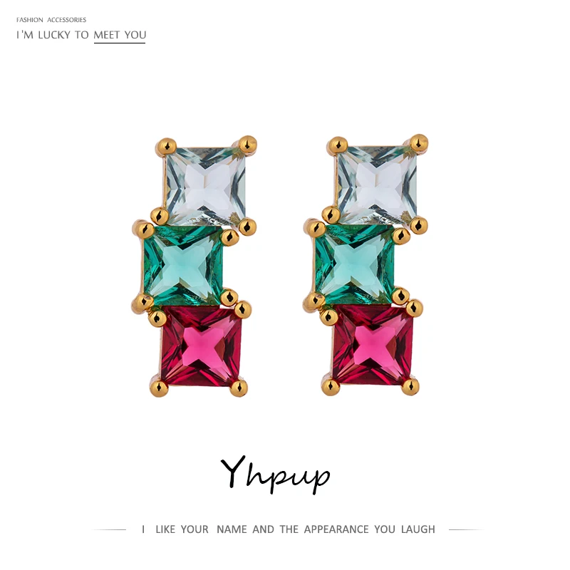 Yhpup mode coloré carré cubique zircon boucles d'oreilles petites minuscules boucles d'oreilles Bijoux En Argent pour fille femmes accessoires