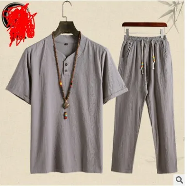 

Summer Wear Flax Short Sleeve T-shirt + Trousers Two-Piece Set Chinese-style Retro Cotton Linen Comfortable Leisure Suit Mem
