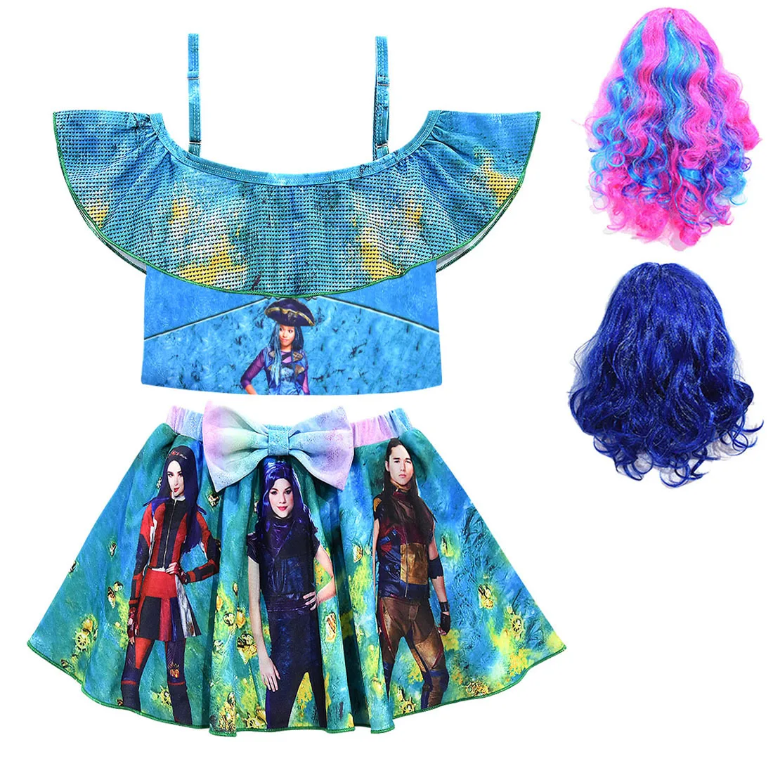 Новое поступление; летнее платье Descendants3 для костюмированной вечеринки; одежда для плавания; платья принцессы для девочек; Descendants3; парик; детский купальный костюм