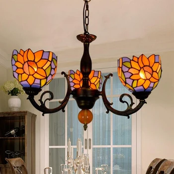 

Pastoral Creative Tiffany Stained Glass Chandeliers Sunflower Restaurant Decoration Three-headed Glass Chandelier Light Fixtures