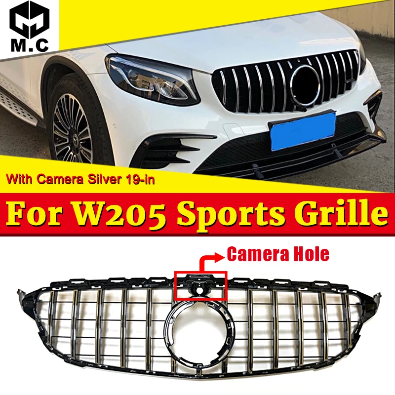 

Silver GTR GT W205 Grill Car Front Grills Grille With Camera For Mercedes C Class W205 C200 C300 C250 C43 Without Sign 2019-in