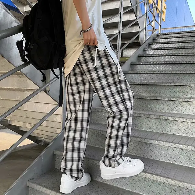 de cuadros blancos y negros para hombre, pantalón informal de pierna ancha, holgado, para estudiantes, Coreano|Pantalones informales| - AliExpress