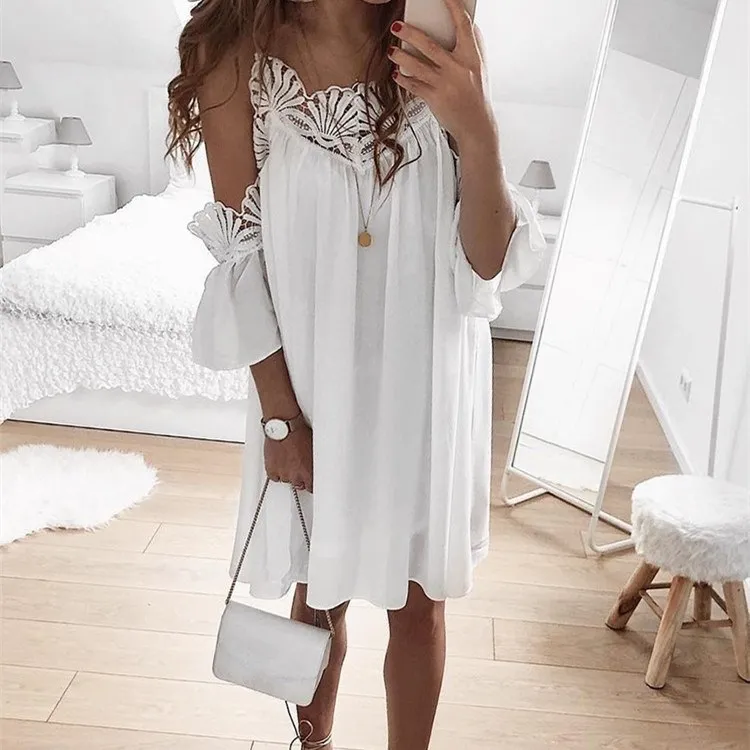 

Sexy Cold Shoulder Hollow Out Mini Lace Dress A-Line Women Perspective Holiday Dress Ladies Short Sleeve Short Dresses