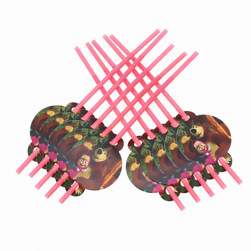 Straw 10pcs Мультфильм Маша и Медведь День рождения украшения Дети Девочка одноразовые столовые приборы набор салфеток чашка тарелка Подарочная сумка вечерние принадлежности - Цвет: Straw 10pcs